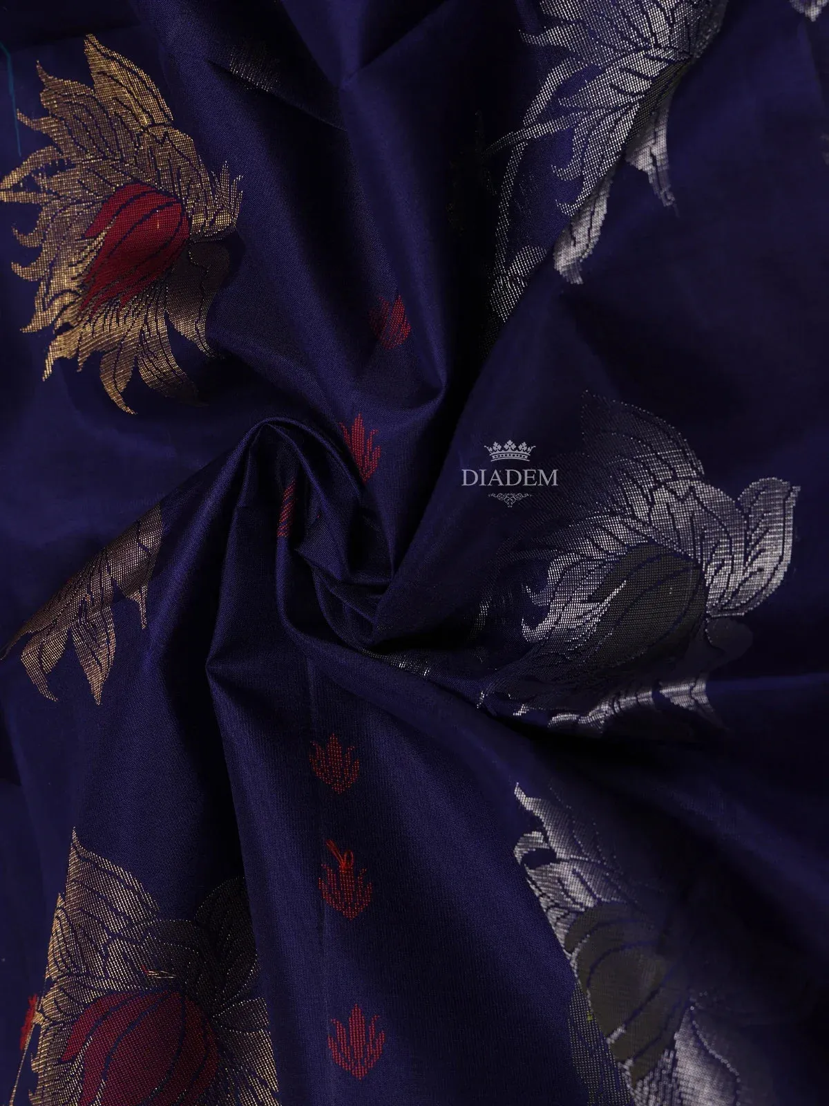 Dark Blue  Soft Silk Saree with Flower and Leaf Design On the Body and without Border