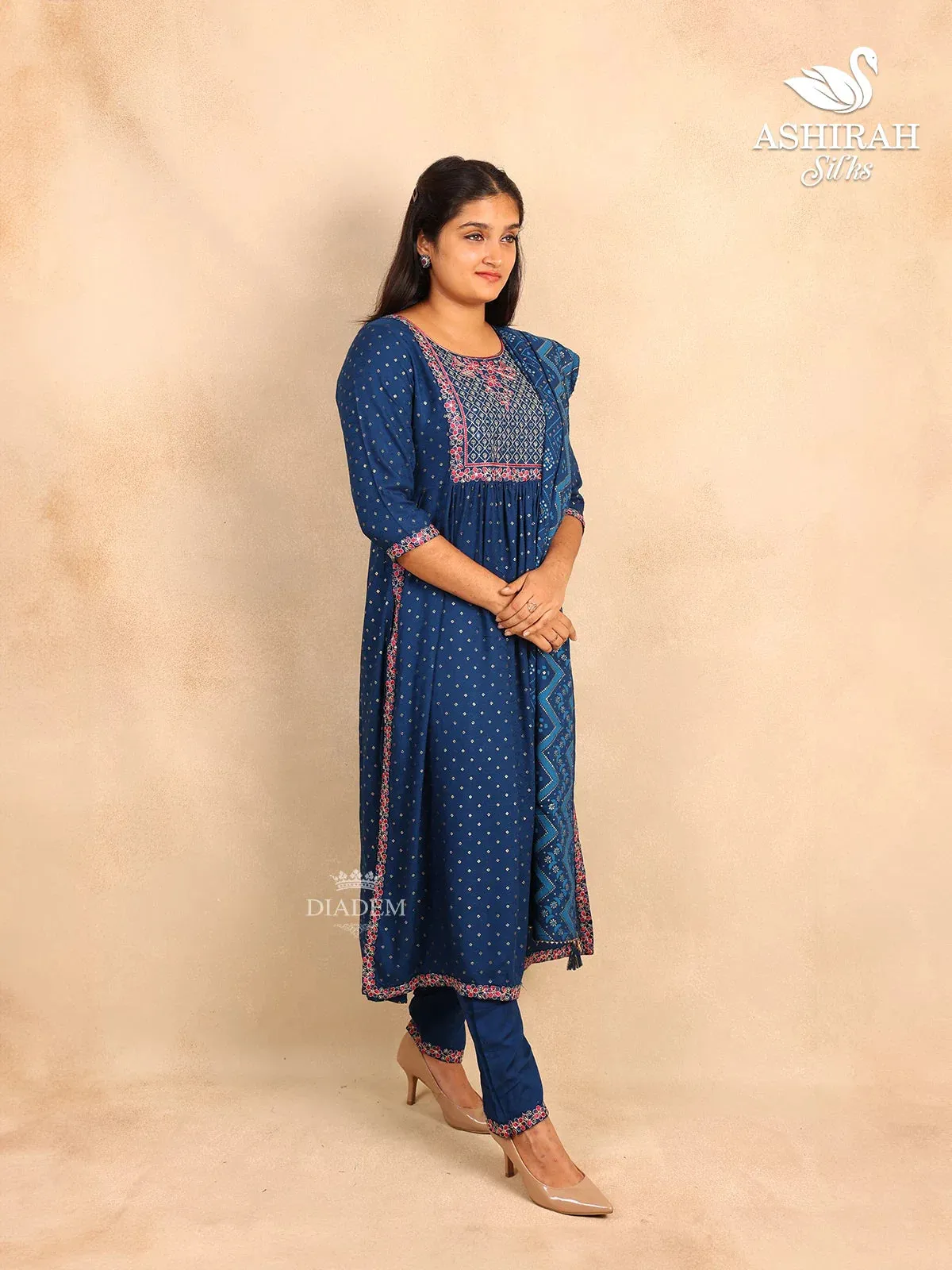 Dark Blue Straight Cut Suit in Cotton with Thread work Embroidery and Prints paired with Dupatta