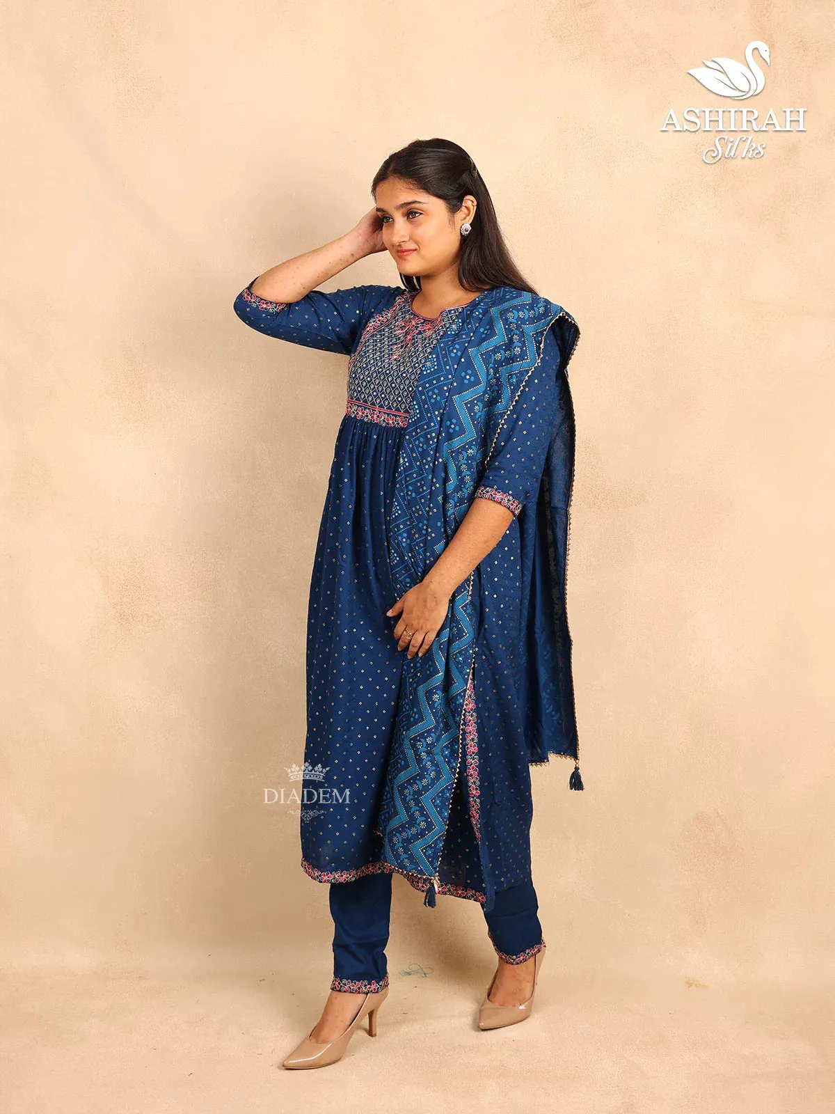 Dark Blue Straight Cut Suit in Cotton with Thread work Embroidery and Prints paired with Dupatta