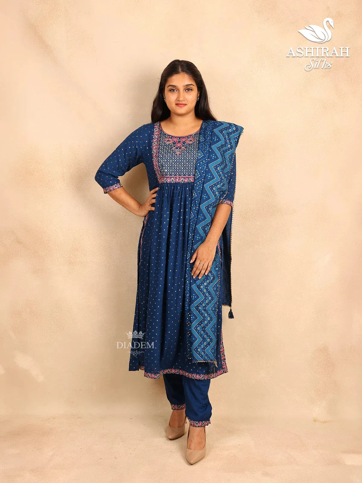 Dark Blue Straight Cut Suit in Cotton with Thread work Embroidery and Prints paired with Dupatta