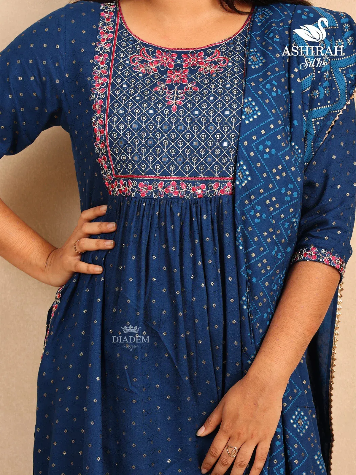 Dark Blue Straight Cut Suit in Cotton with Thread work Embroidery and Prints paired with Dupatta