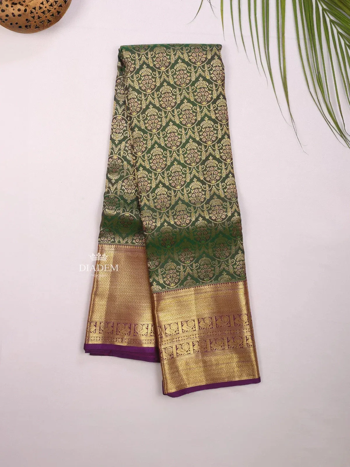 Dark Green Pure Kanchipuram (Bridal) Silk Saree with Zari Brocade on the body and Contrast Zari Border