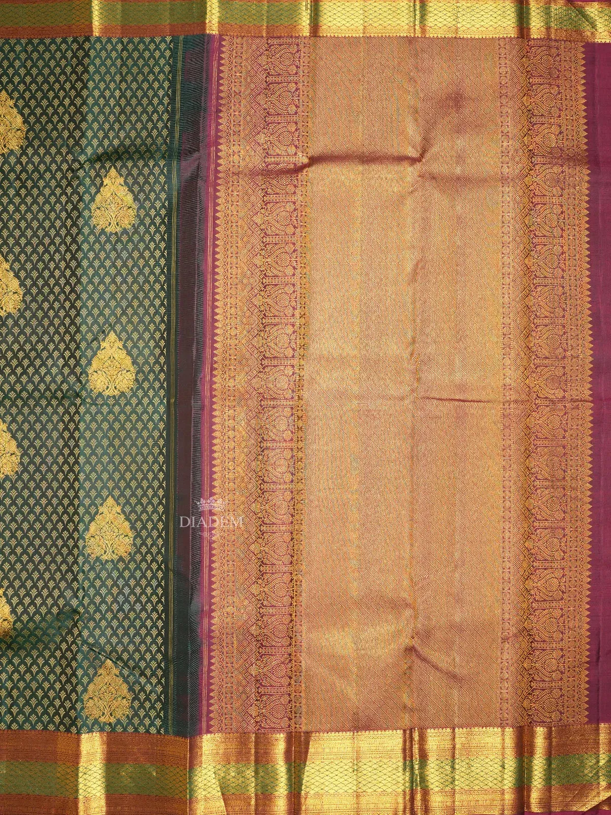 Dark Green Pure Kanchipuram Silk Saree With Peacock and Floral Motifs On the Body with Broad and Small Border