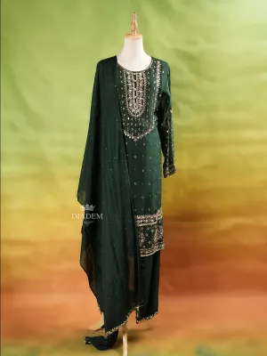 Dark Green Straight Cut Salwar Suit Adorned with Floral Embroidery, With Dupatta and Full Sleeve