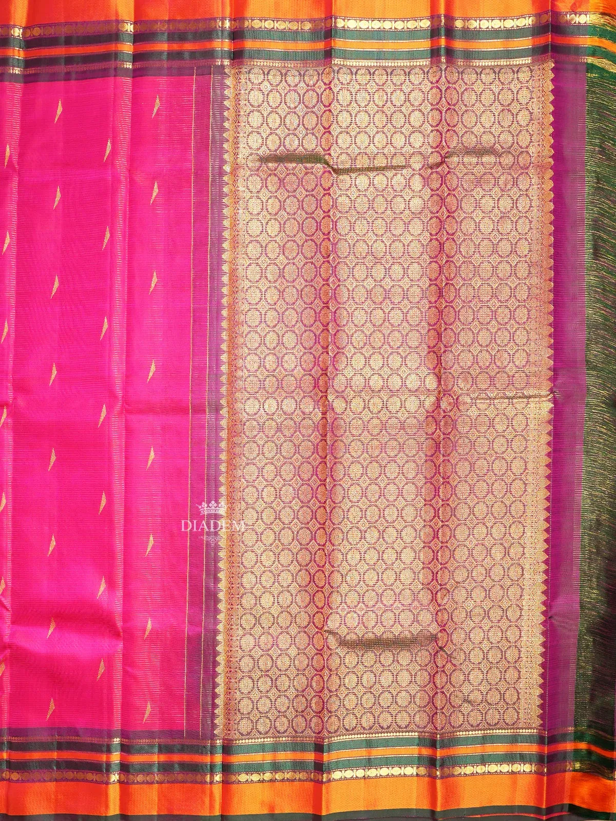 Dark Pink Pure Kanchipuram Silk Saree with Vaira Oosi and Geometric Design on the Body with Contrast Border