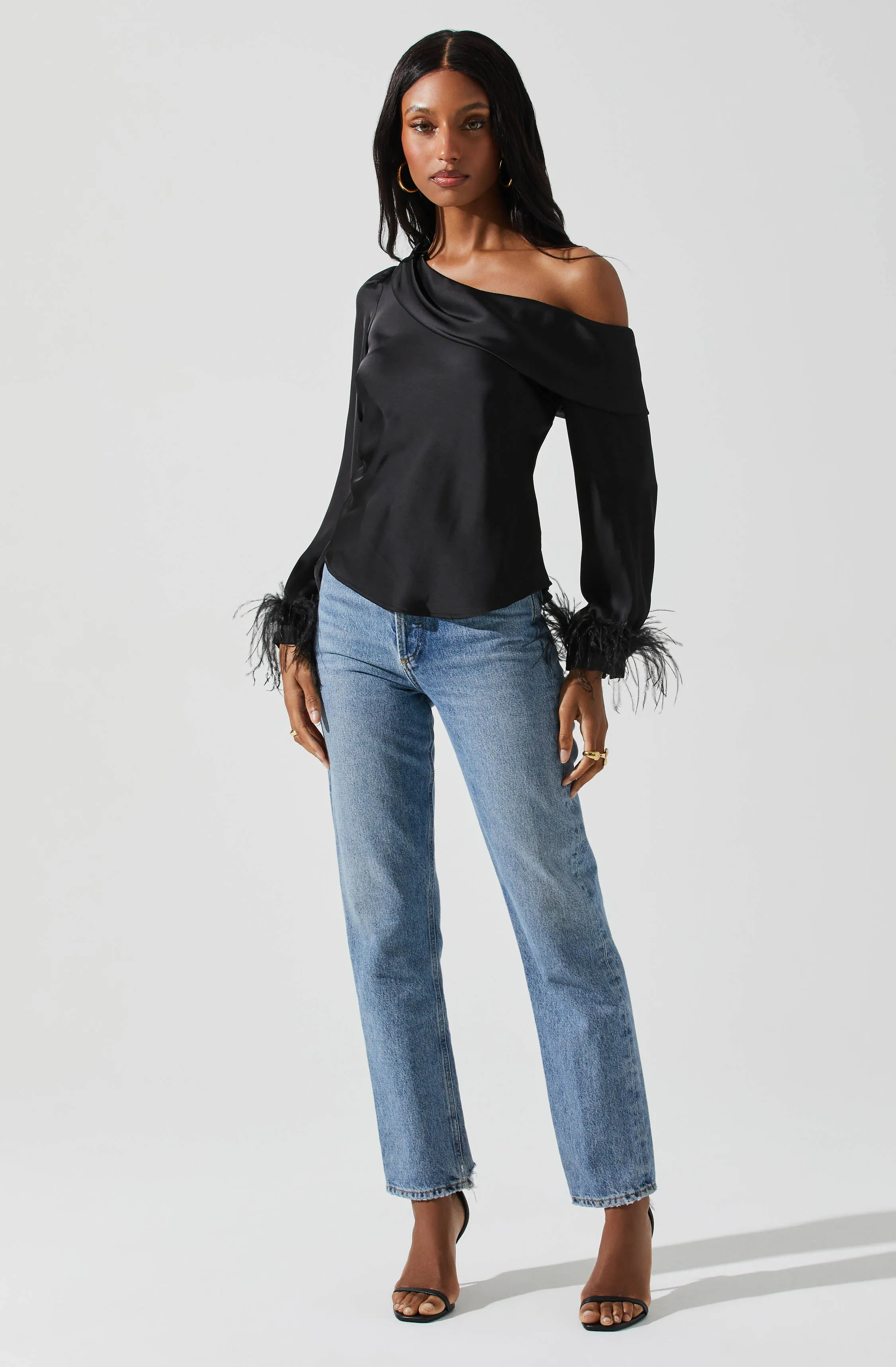 Dawn Off Shoulder Feather Trim Top