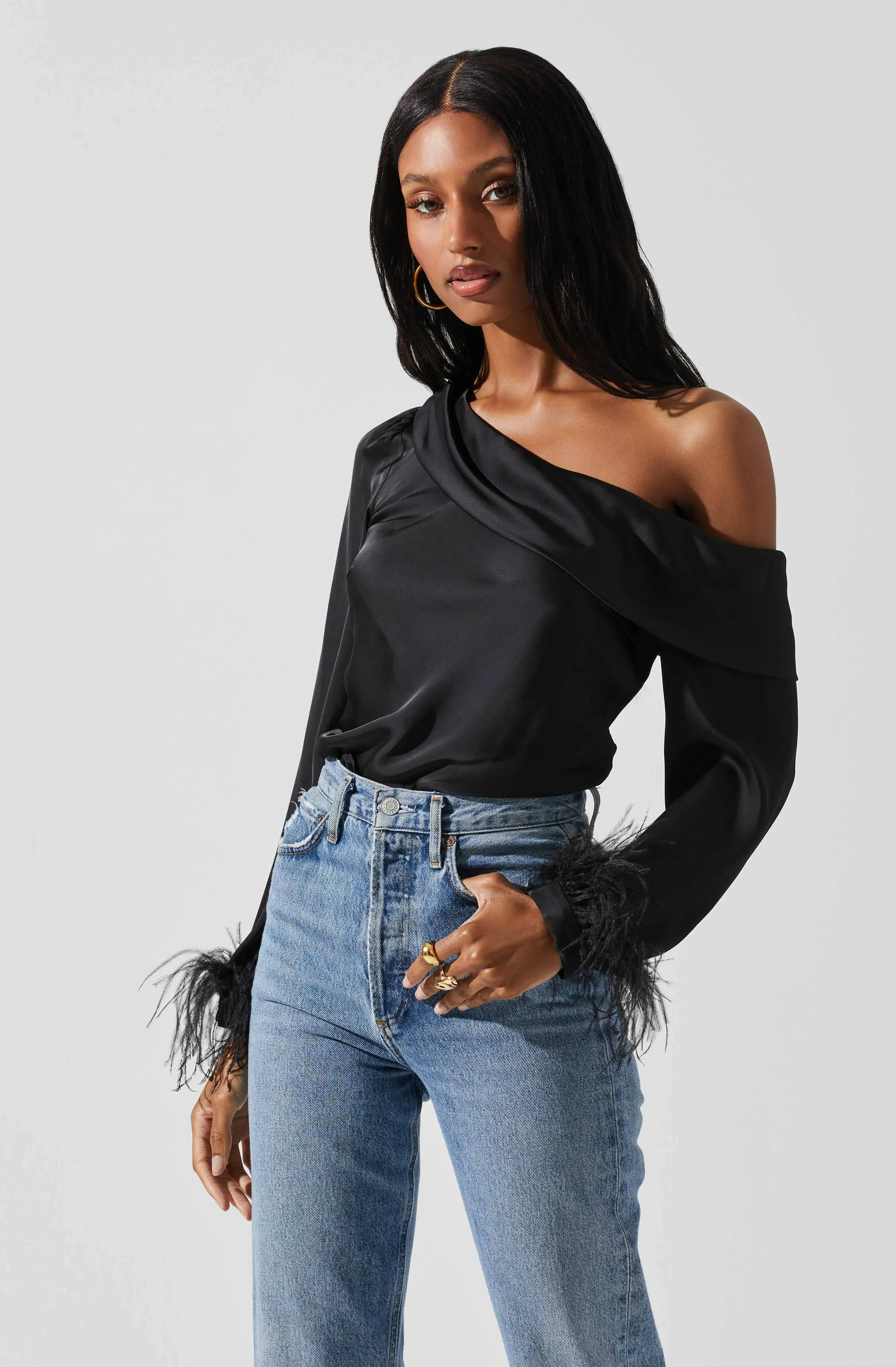 Dawn Off Shoulder Feather Trim Top