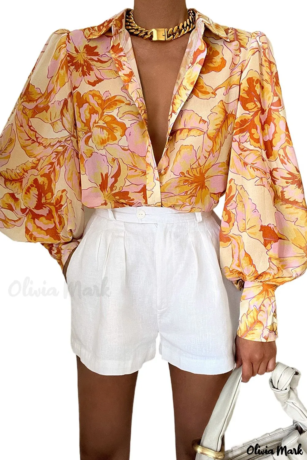 Deanwangkt - Chic Floral Yellow Bishop Sleeve Blouse