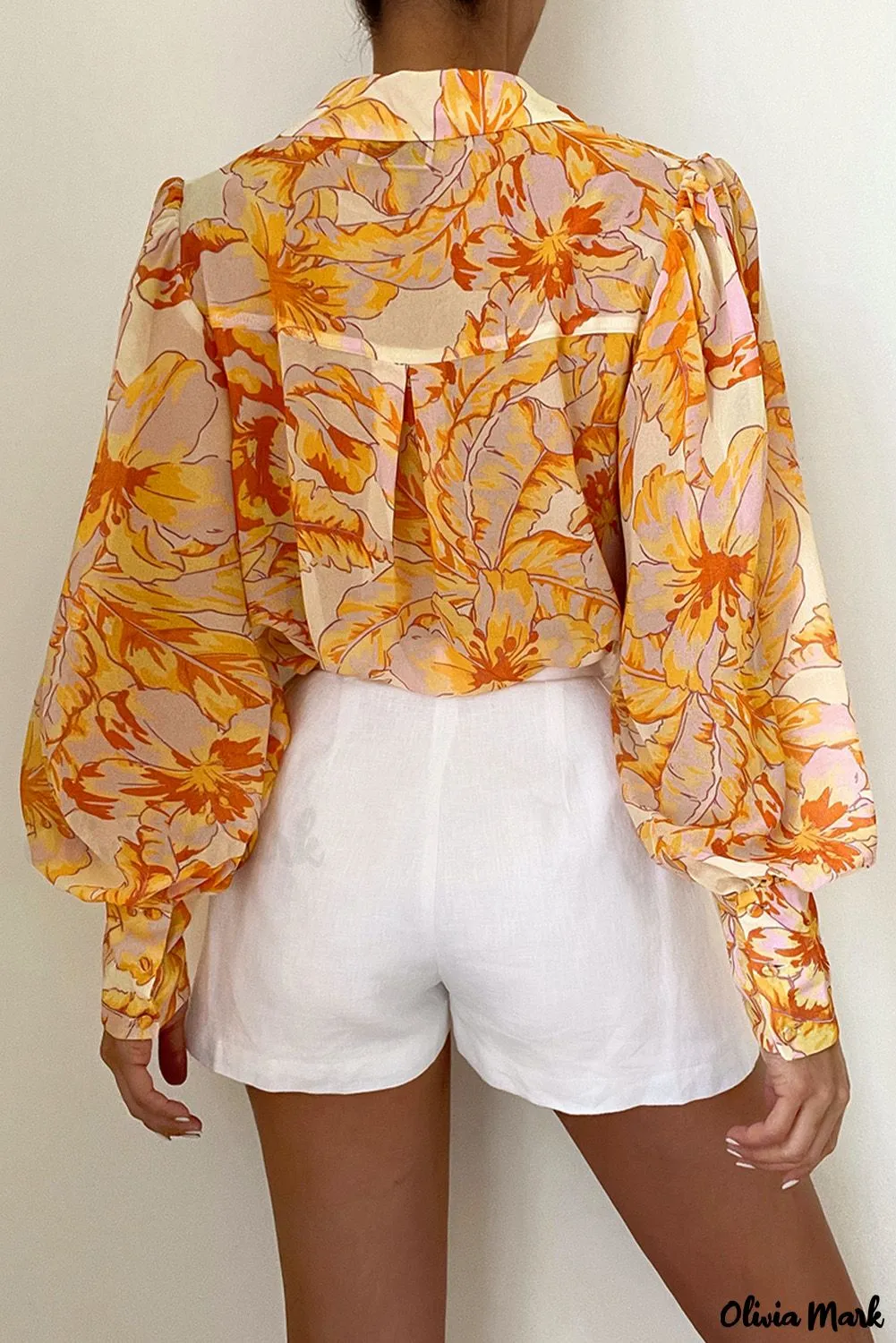 Deanwangkt - Chic Floral Yellow Bishop Sleeve Blouse