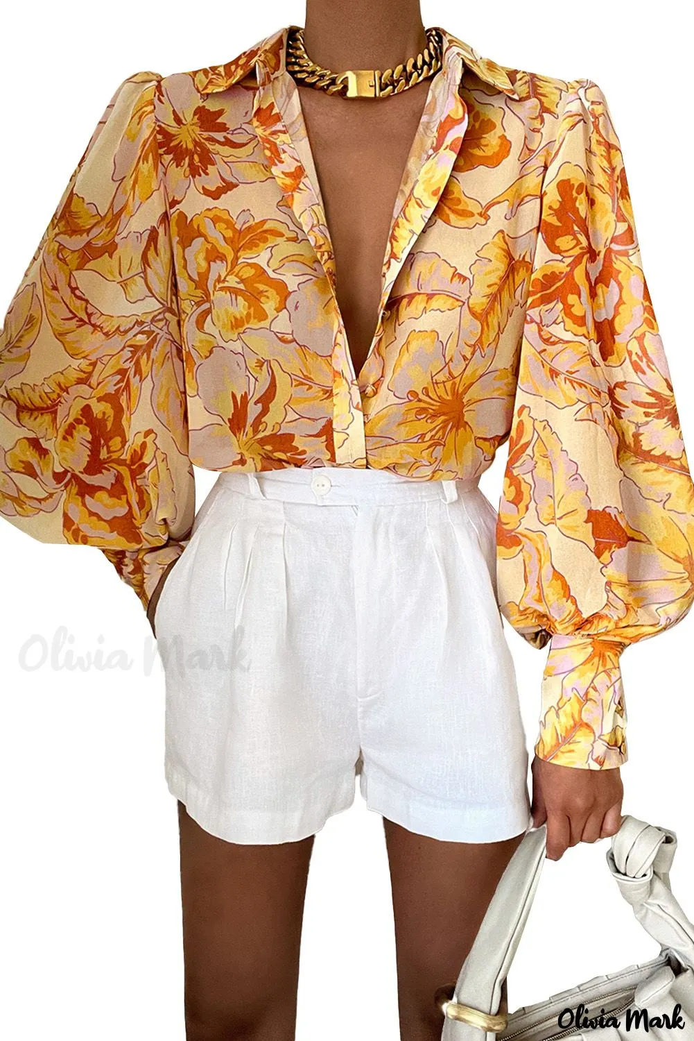 Deanwangkt - Chic Floral Yellow Bishop Sleeve Blouse