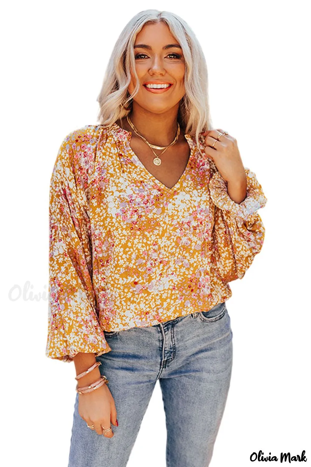 Deanwangkt - Yellow Floral Split V-Neck Blouse