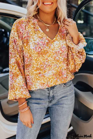 Deanwangkt - Yellow Floral Split V-Neck Blouse