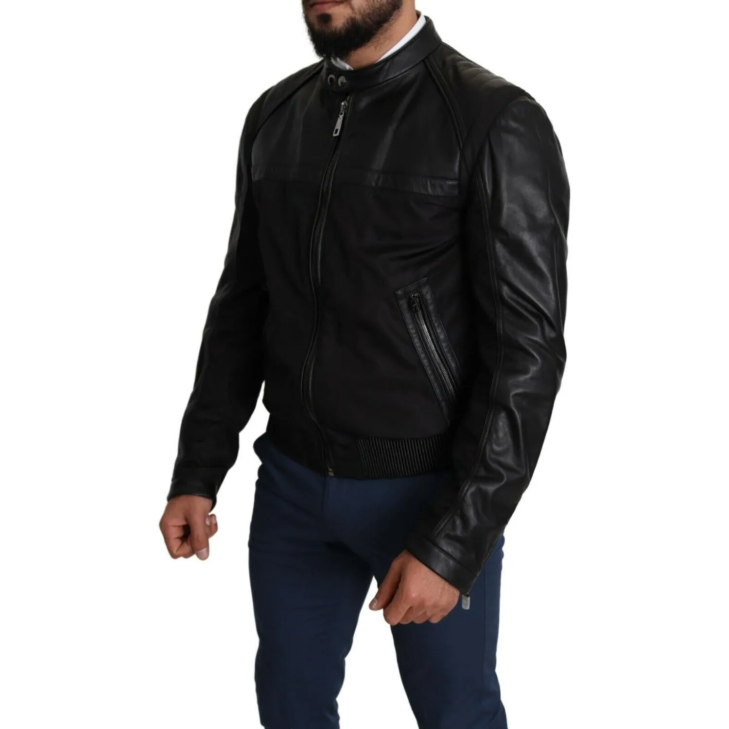 Dolce & Gabbana Elegant Black Bomber with Leather Accents