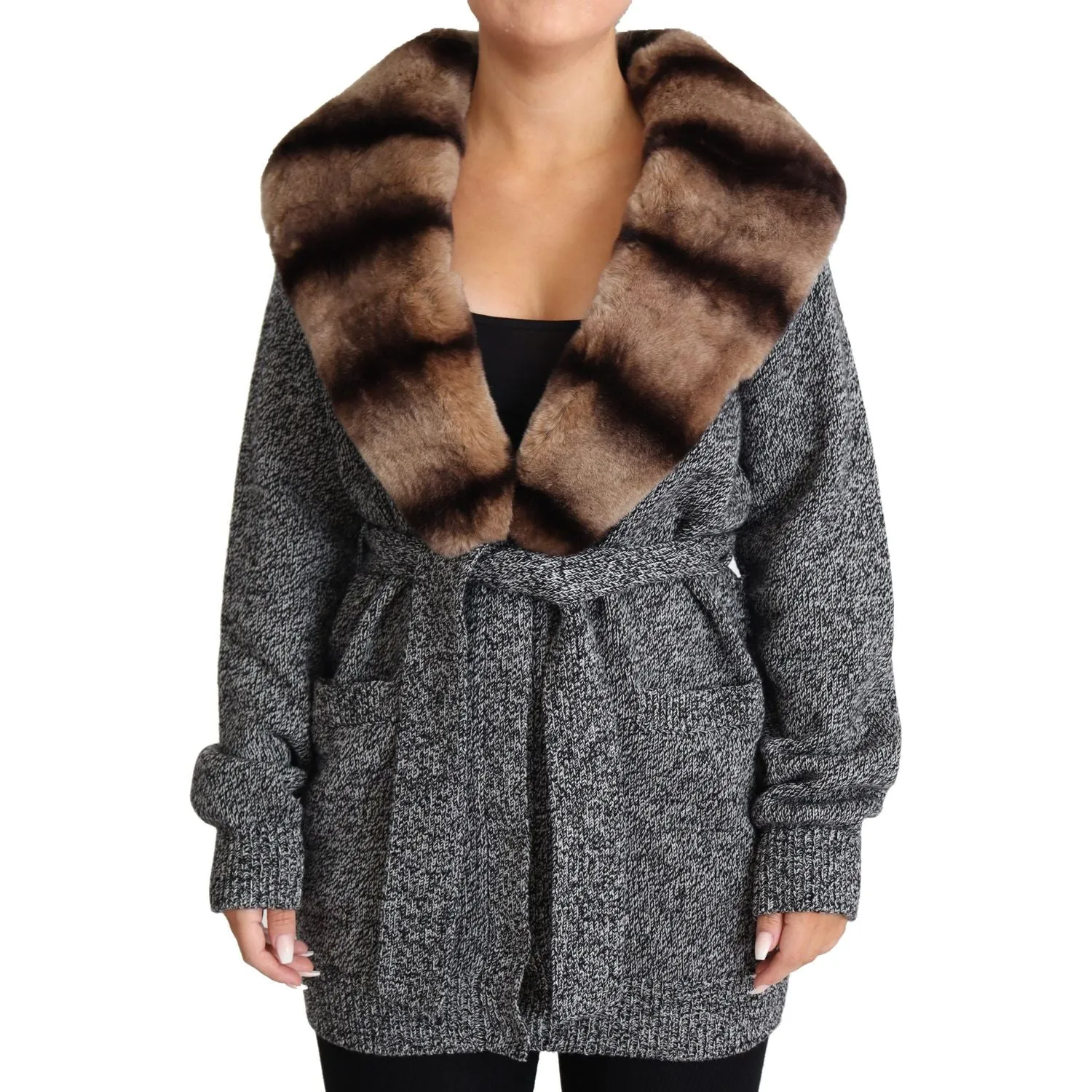 Dolce & Gabbana Elegant Cashmere Cardigan with Rabbit Fur Collar