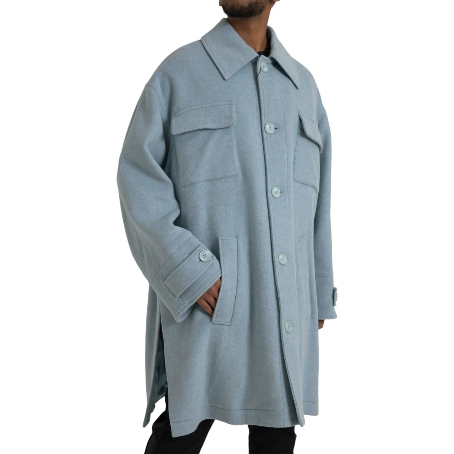 Dolce & Gabbana Light Blue Wool Button Trench Coat Jacket