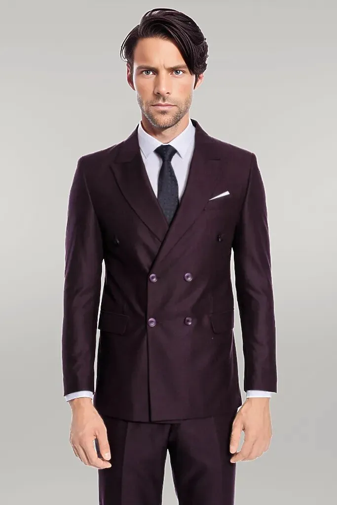 Double Breasted Plain Wide Lapel Purple Men Suit - Wessi