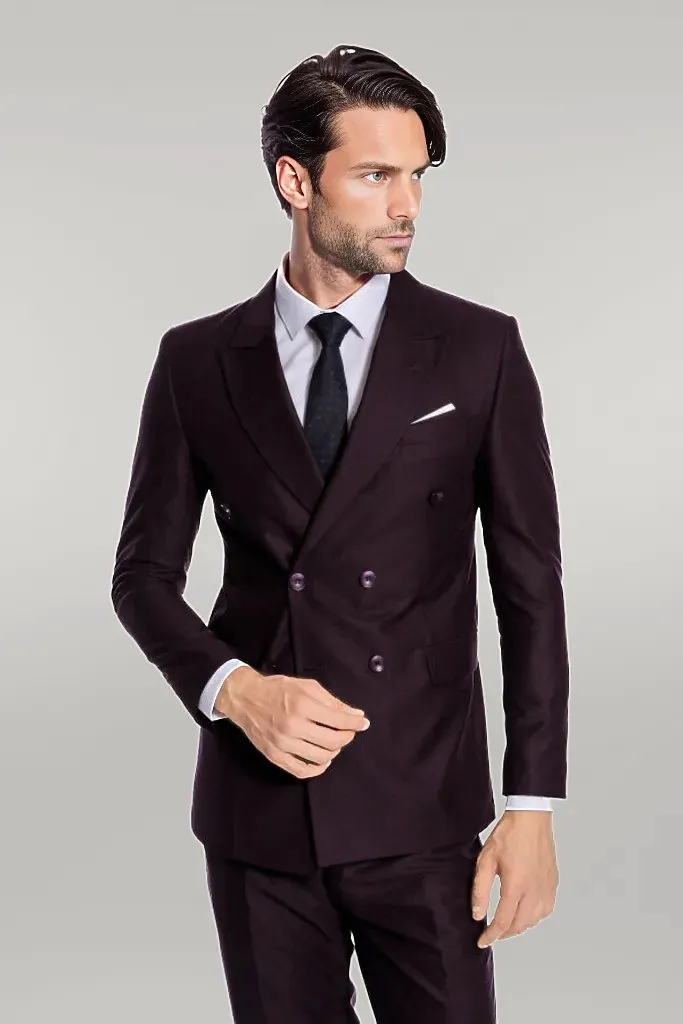 Double Breasted Plain Wide Lapel Purple Men Suit - Wessi