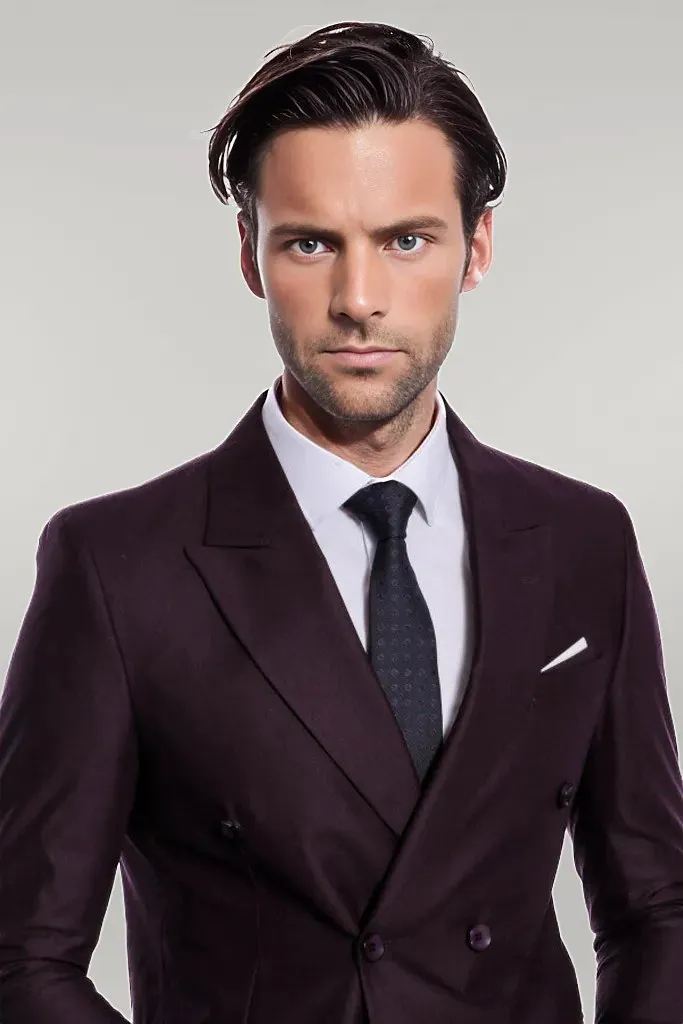 Double Breasted Plain Wide Lapel Purple Men Suit - Wessi