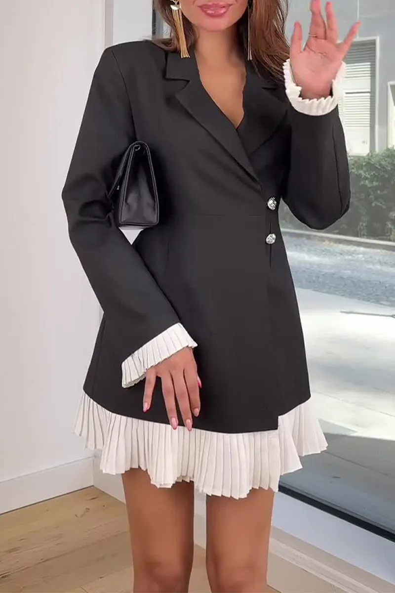 Elegant Buttons Pleated Contrast Turn-back Collar Suit Dresses