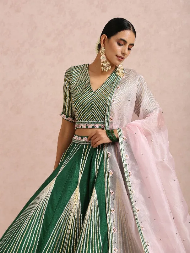 Emerald Green & Pink Hand Embroidered Silk Lehenga Set (Set of 3)