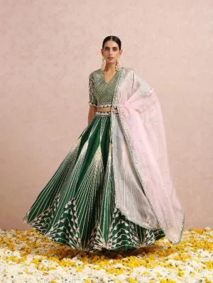 Emerald Green & Pink Hand Embroidered Silk Lehenga Set (Set of 3)