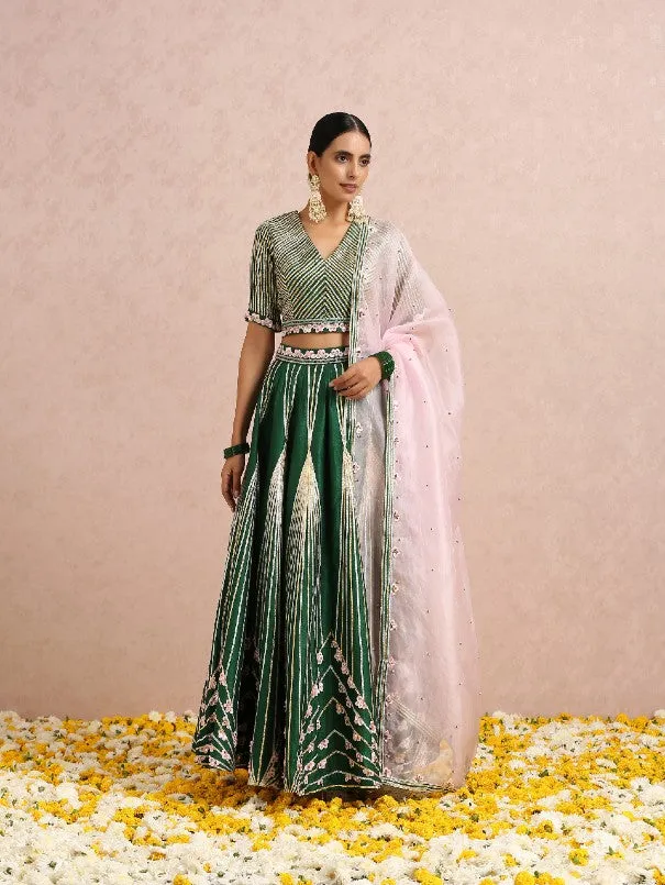 Emerald Green & Pink Hand Embroidered Silk Lehenga Set (Set of 3)