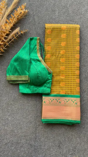 Fenugreek yellow and green silk saree with hand work blouse