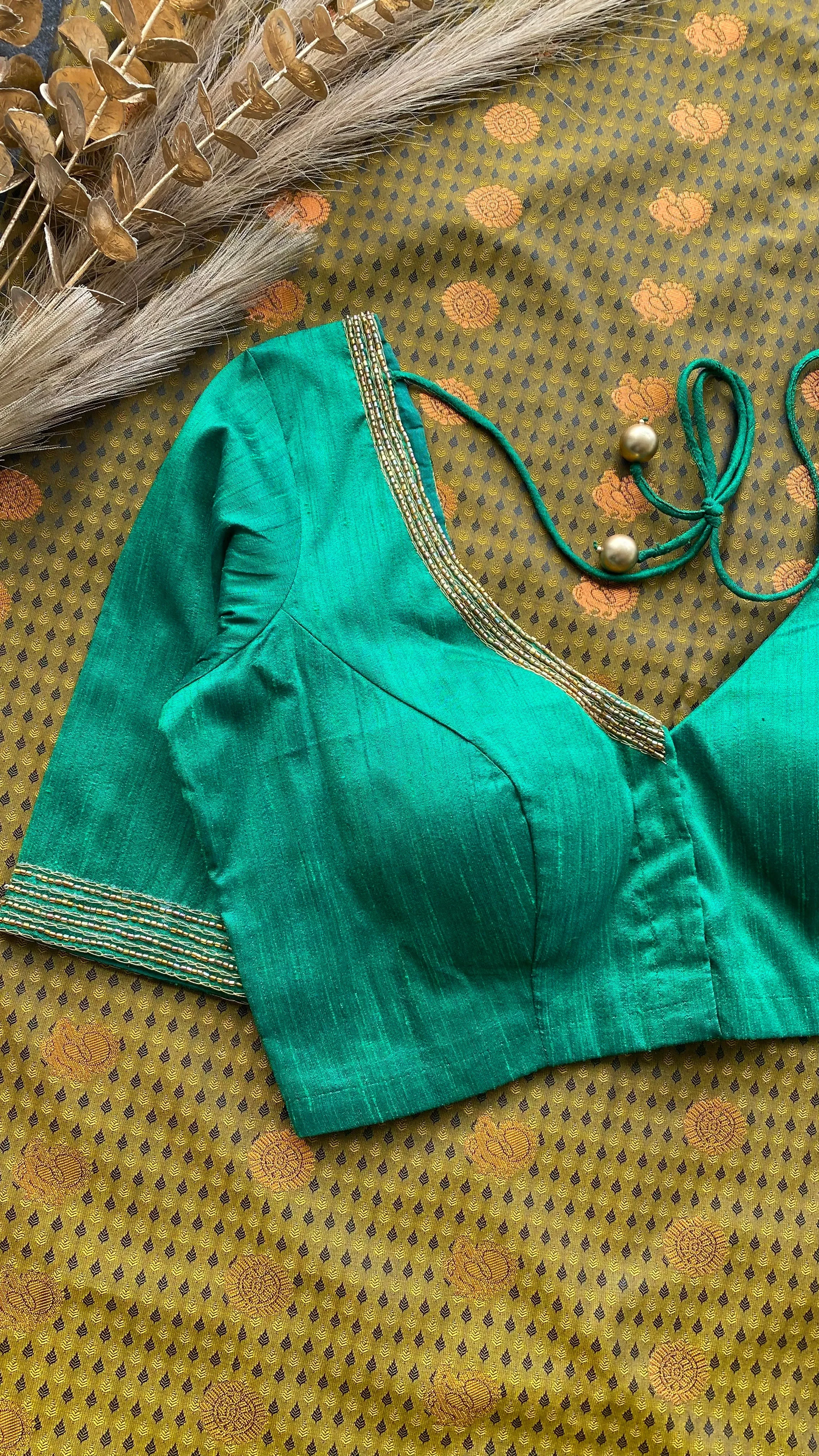 Fenugreek yellow and green silk saree with hand work blouse