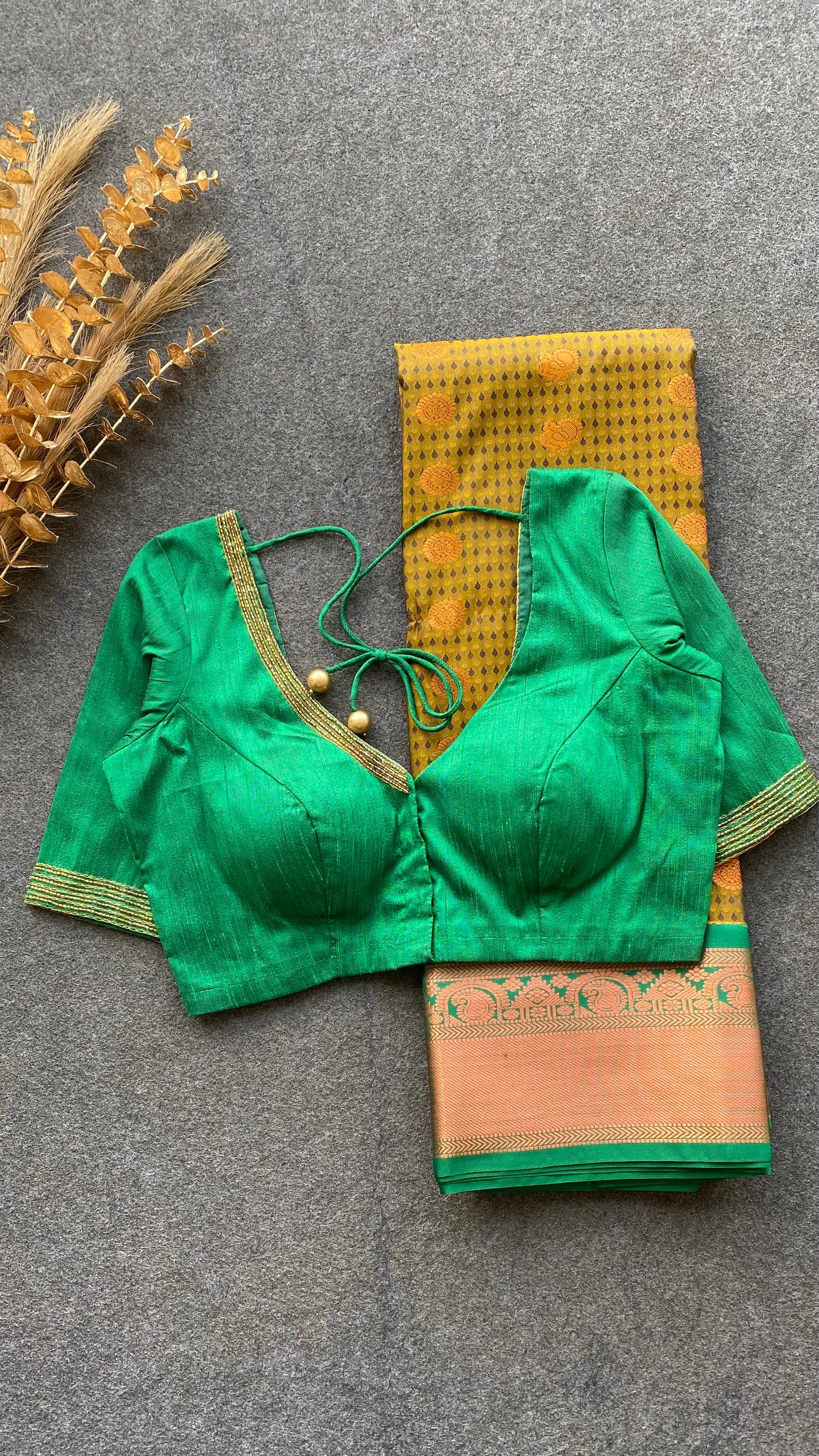 Fenugreek yellow and green silk saree with hand work blouse