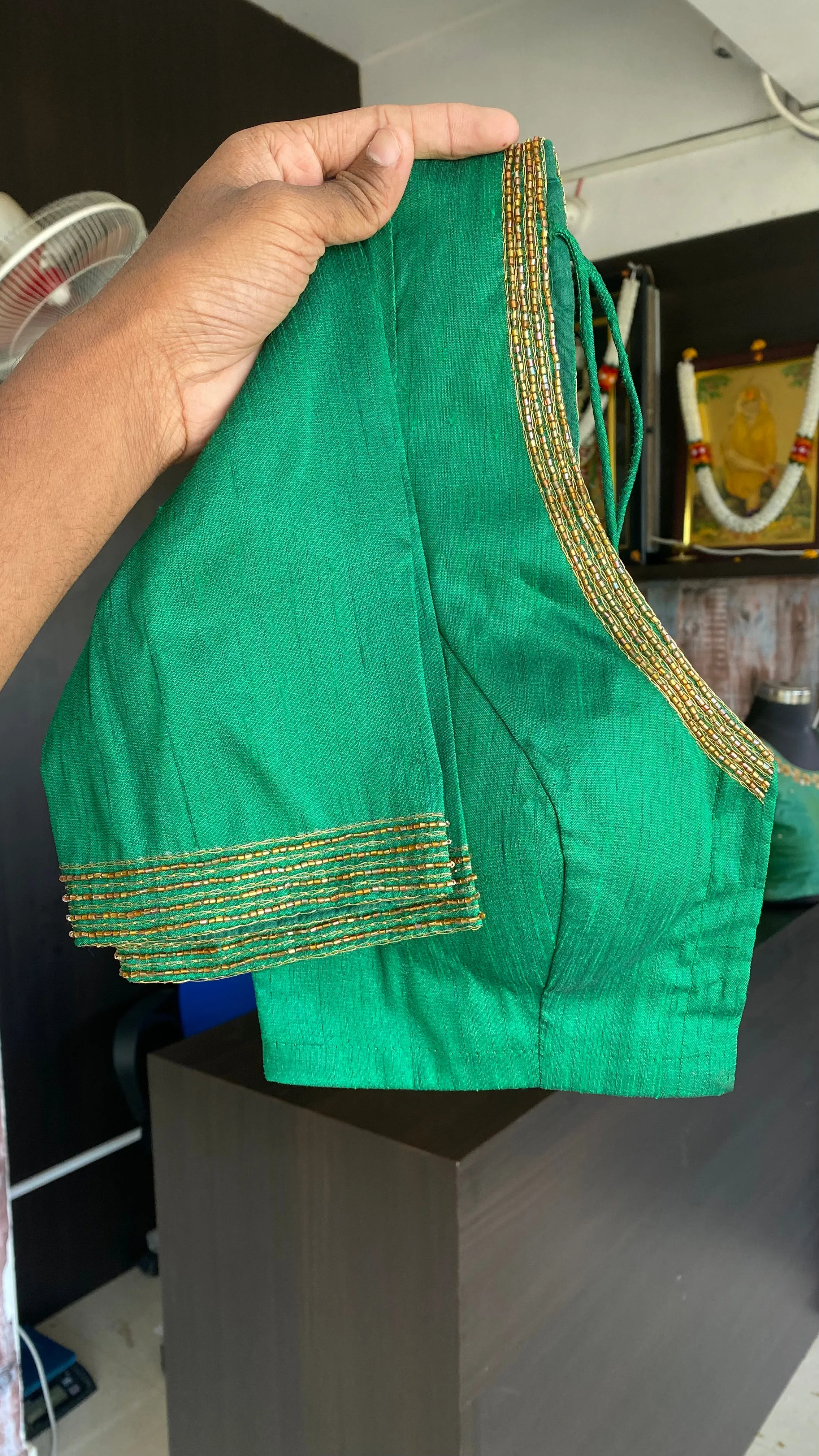 Fenugreek yellow and green silk saree with hand work blouse