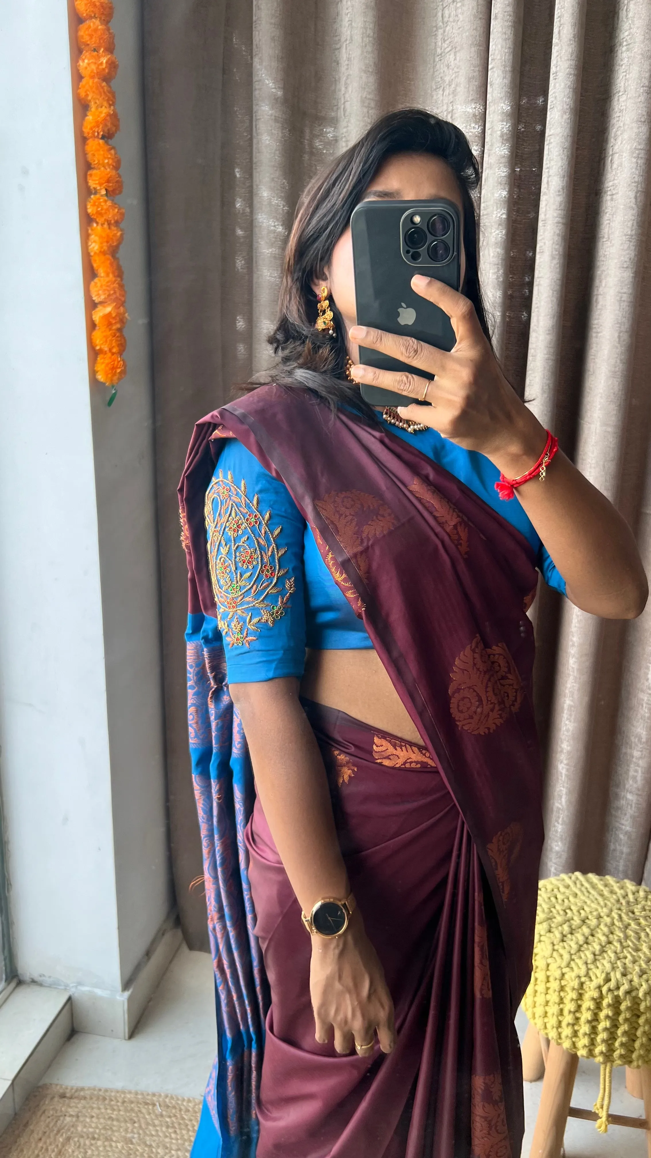 (Free full draping )Brown and blue semi silk saree with hand worked blouse