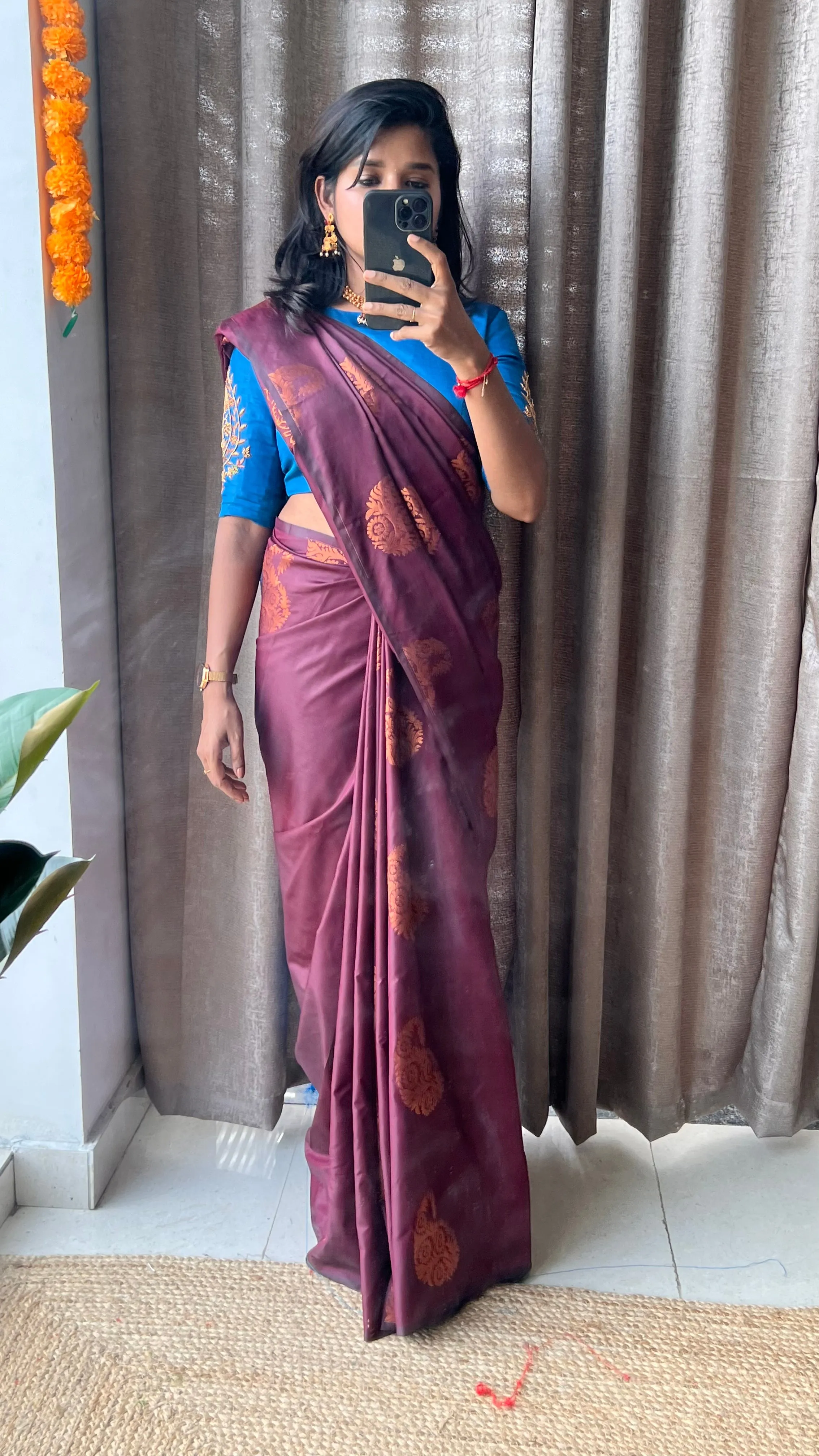 (Free full draping )Brown and blue semi silk saree with hand worked blouse