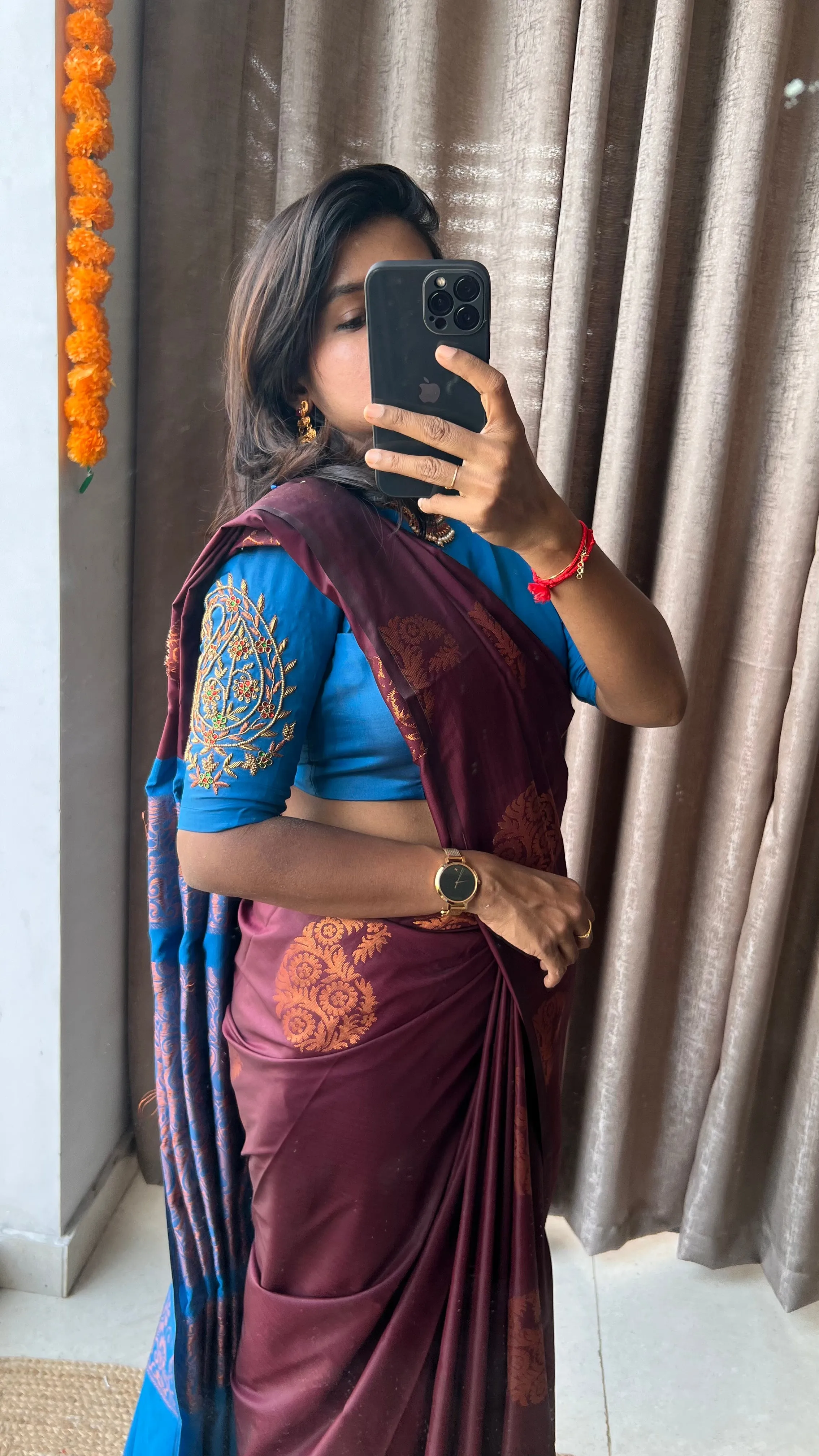 (Free full draping )Brown and blue semi silk saree with hand worked blouse