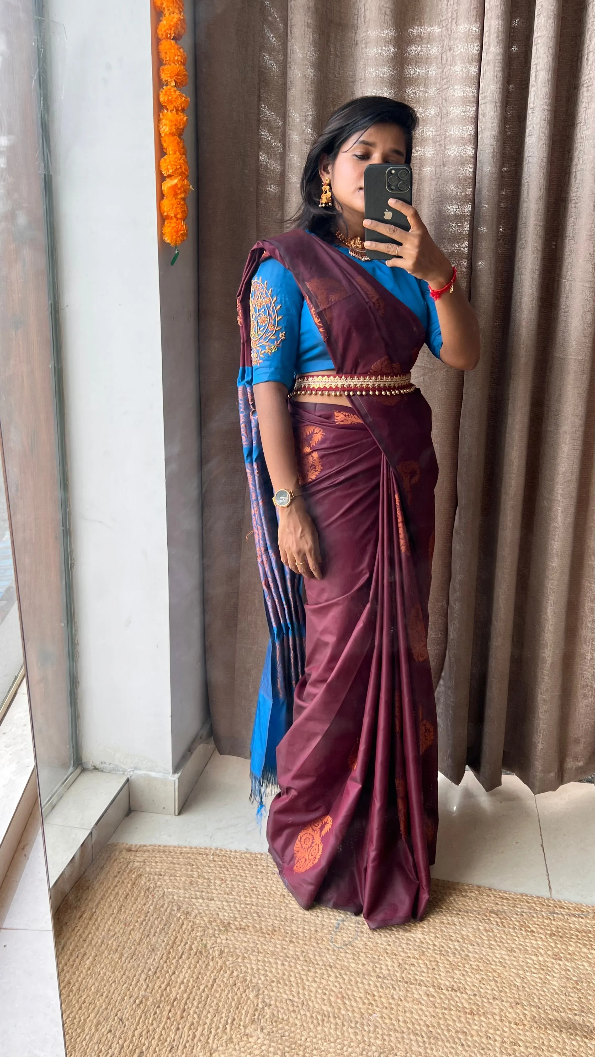 (Free full draping )Brown and blue semi silk saree with hand worked blouse