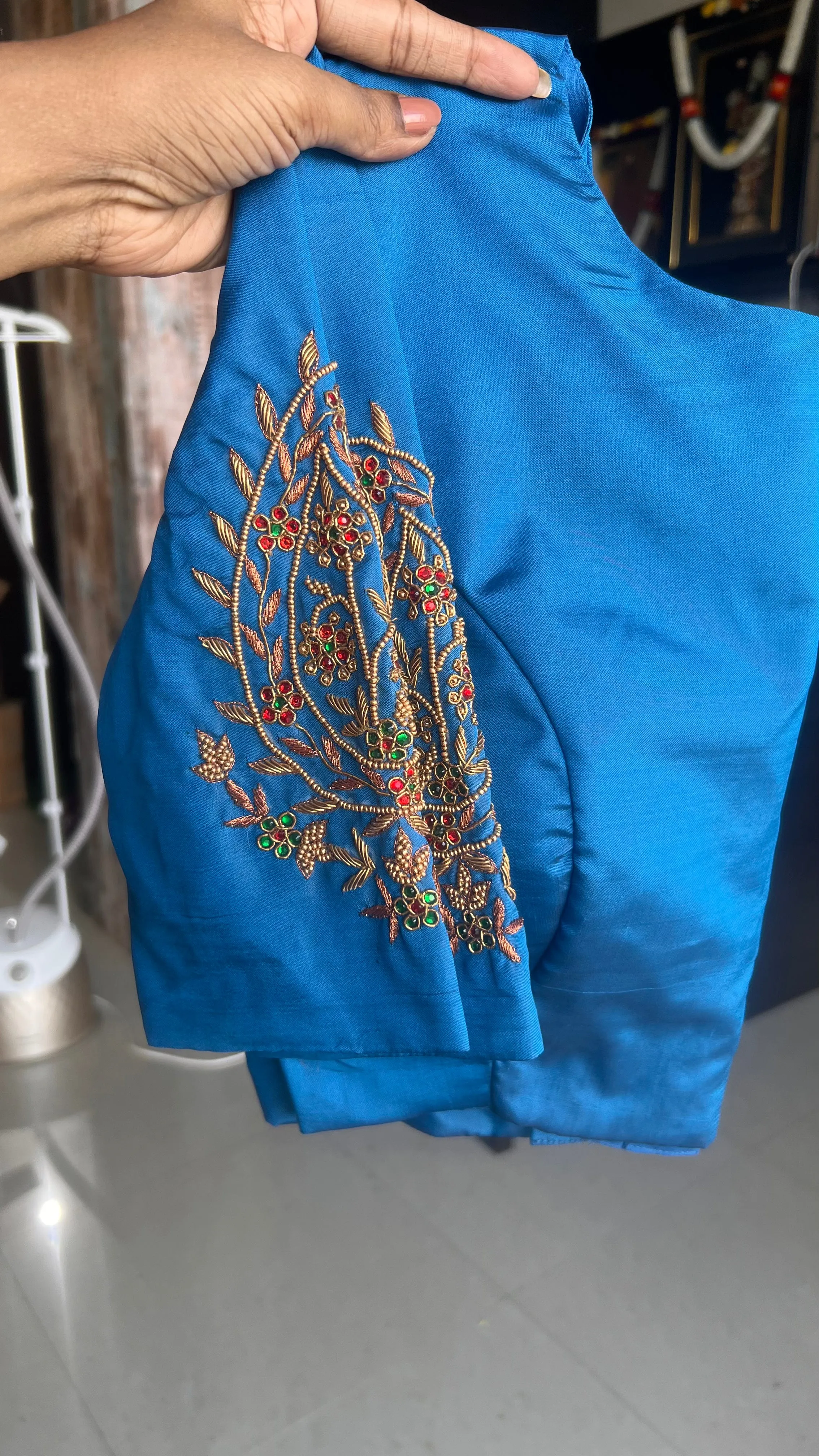 (Free full draping )Brown and blue semi silk saree with hand worked blouse