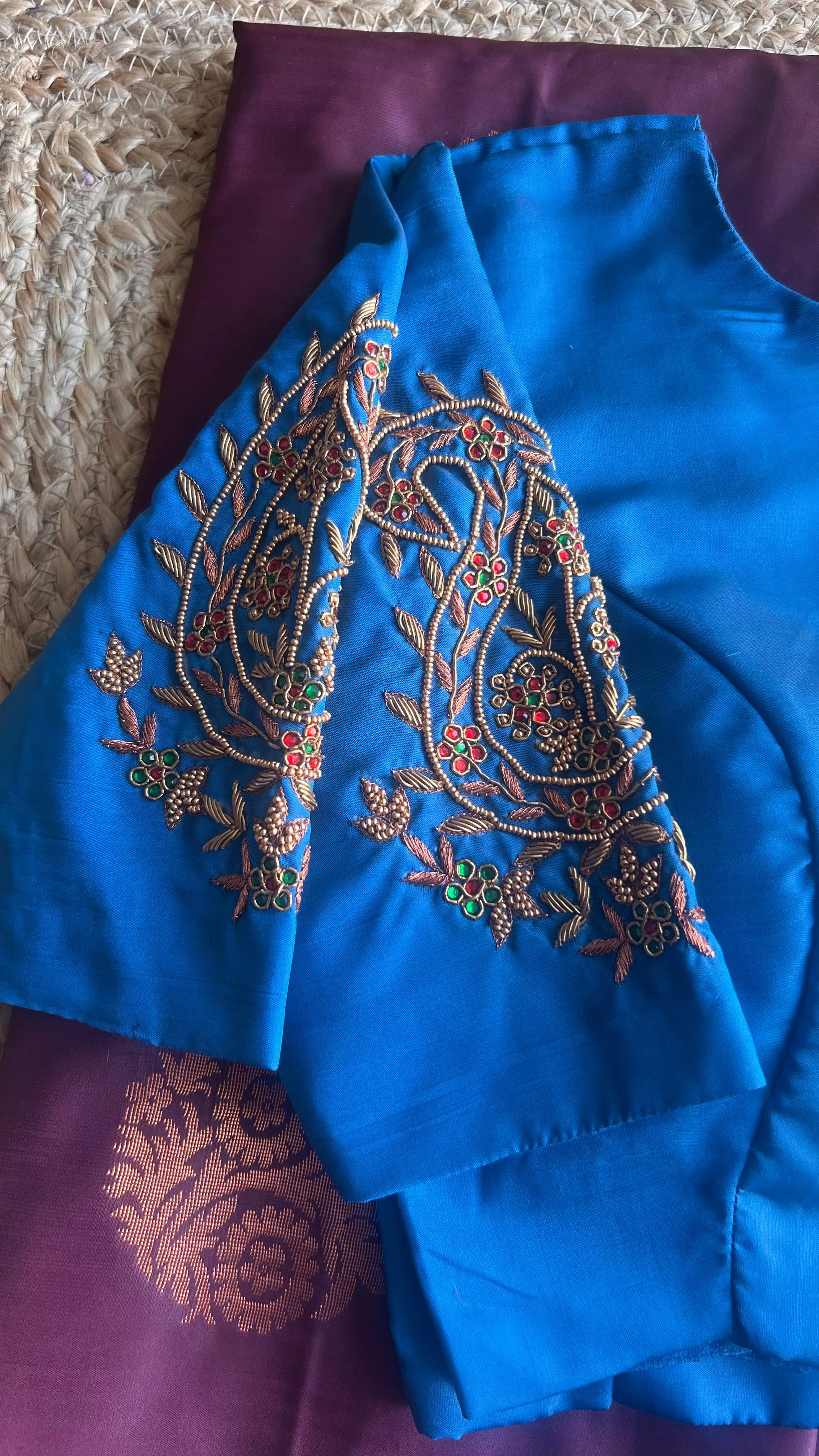 (Free full draping )Brown and blue semi silk saree with hand worked blouse