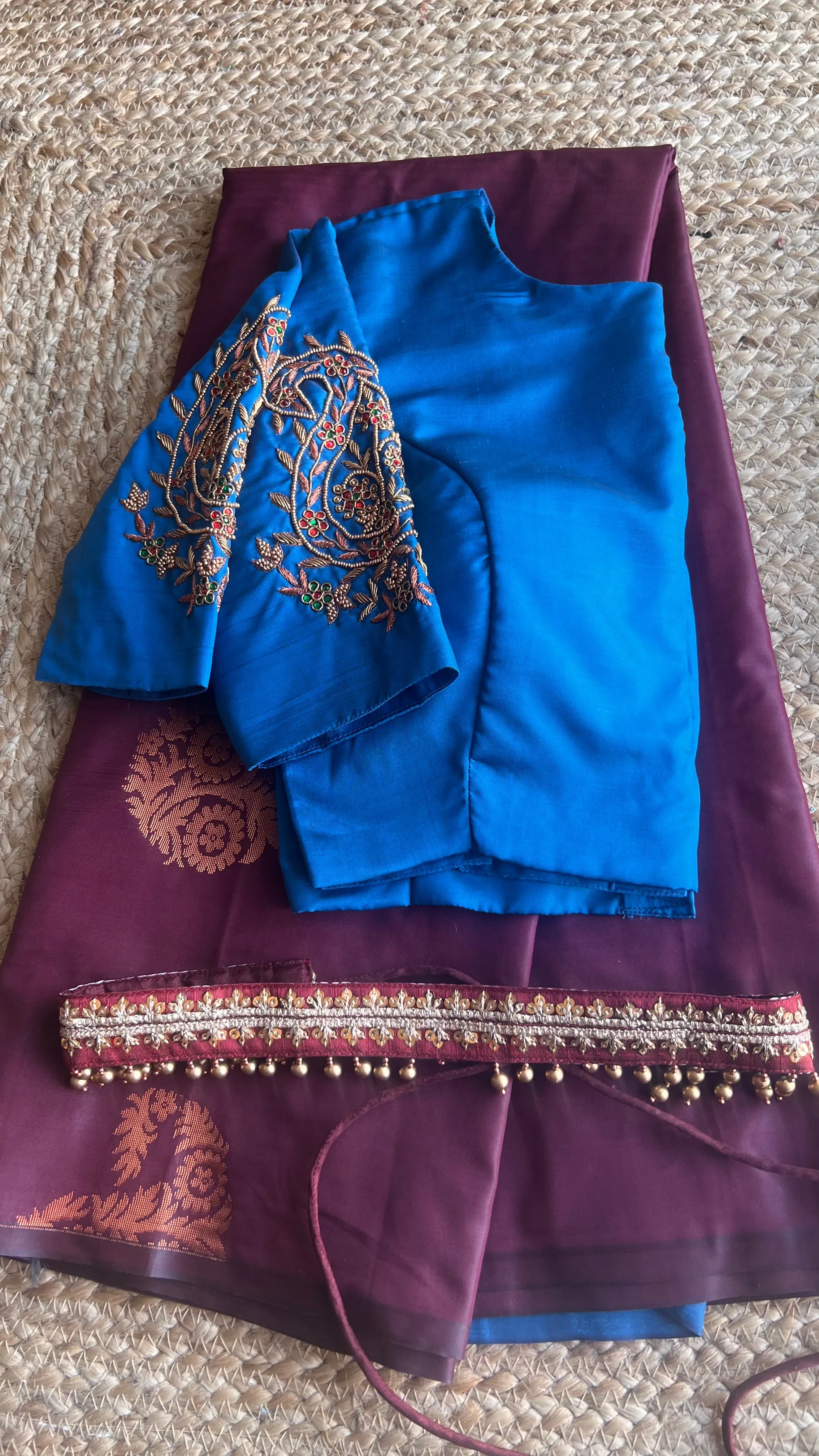 (Free full draping )Brown and blue semi silk saree with hand worked blouse