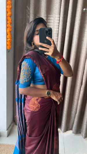 (Free full draping )Brown and blue semi silk saree with hand worked blouse