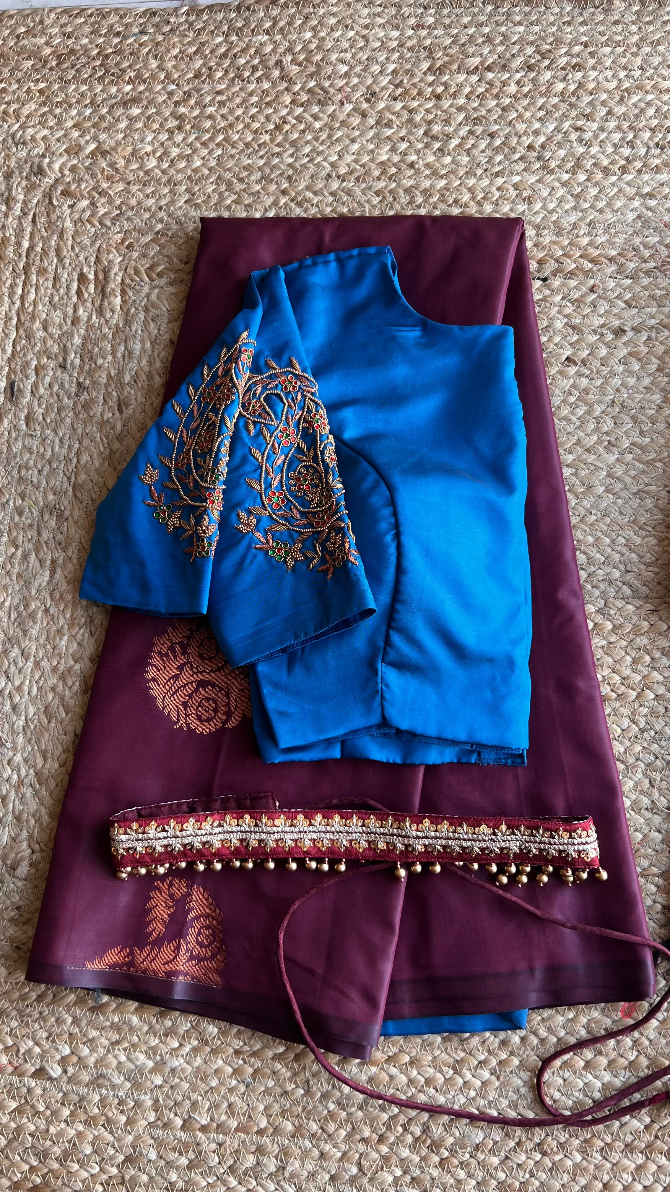 (Free full draping )Brown and blue semi silk saree with hand worked blouse