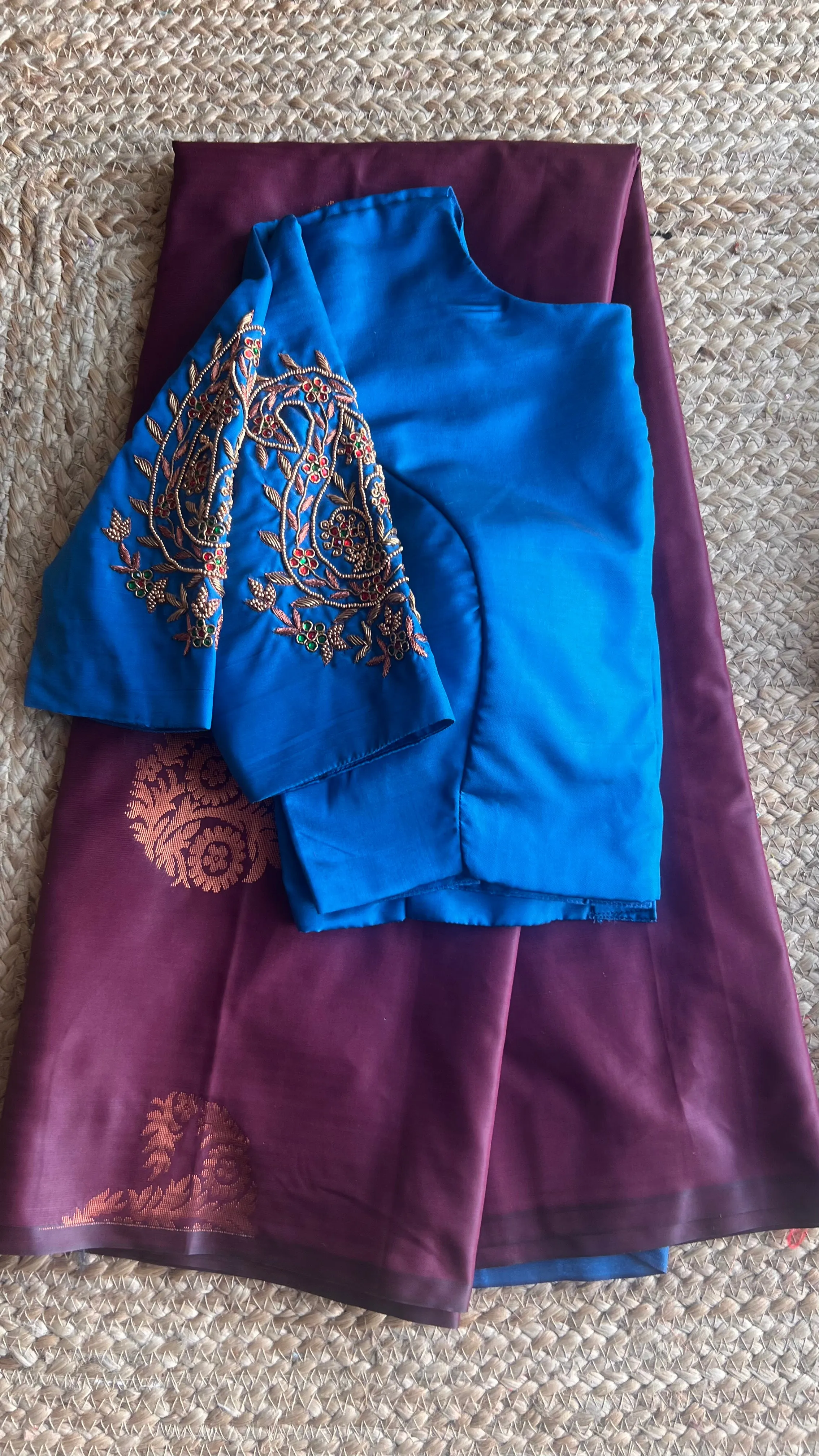 (Free full draping )Brown and blue semi silk saree with hand worked blouse