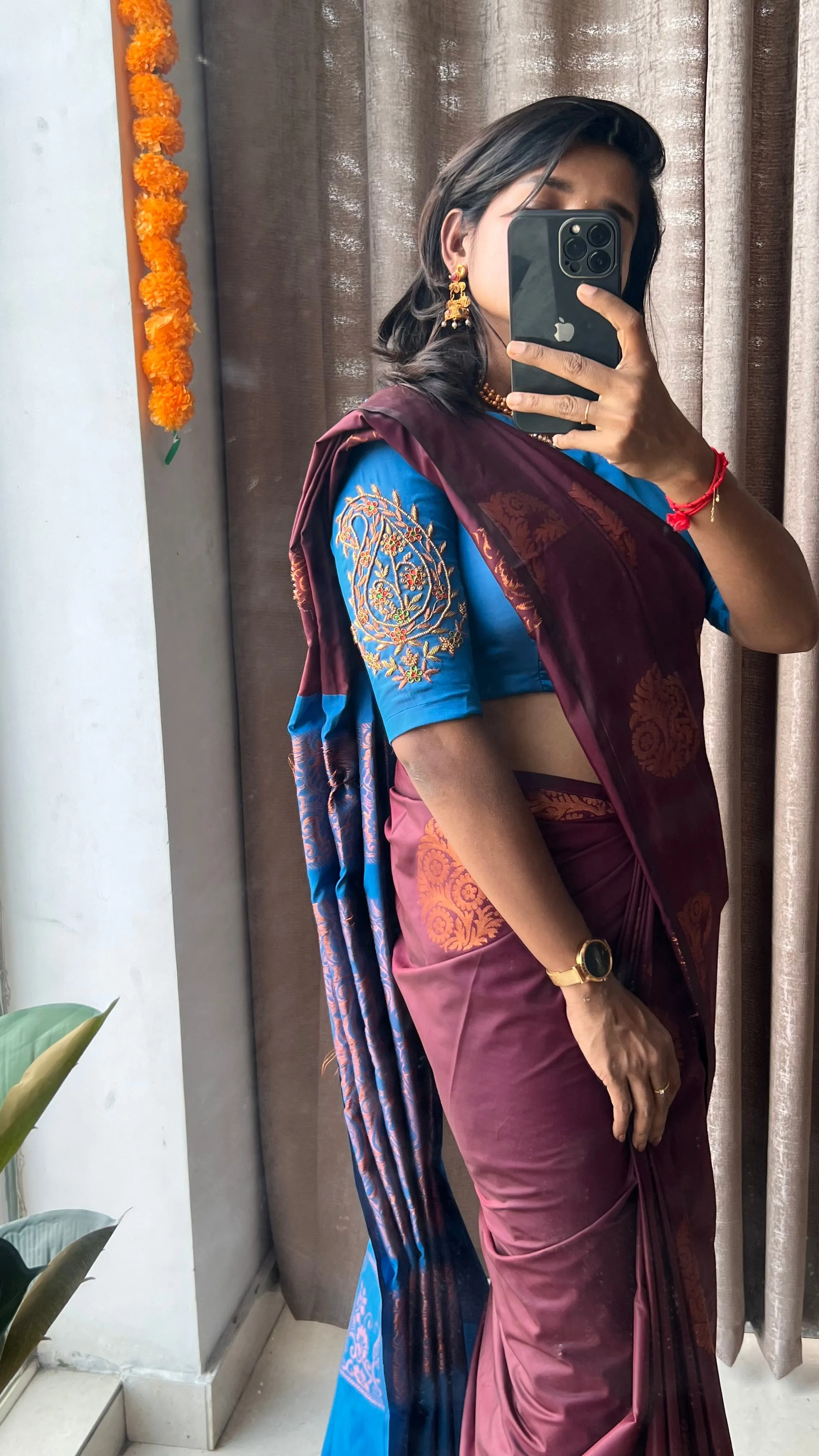 (Free full draping )Brown and blue semi silk saree with hand worked blouse