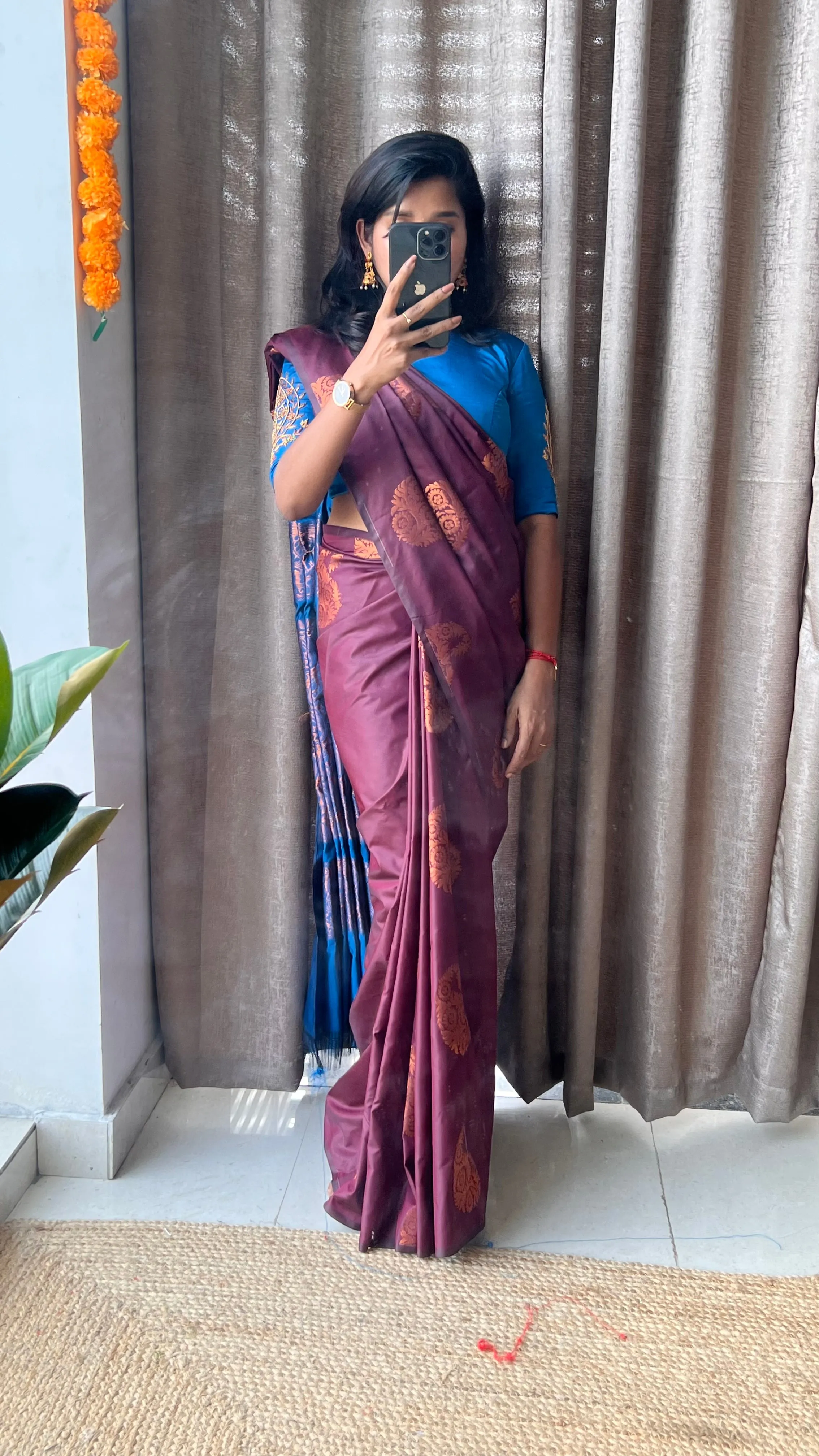 (Free full draping )Brown and blue semi silk saree with hand worked blouse