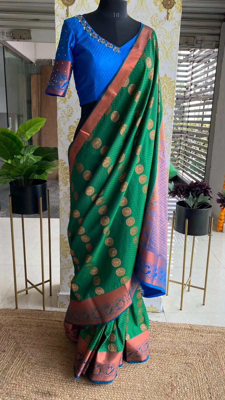 (Free full draping )Green and blue silk saree with hand worked blouse