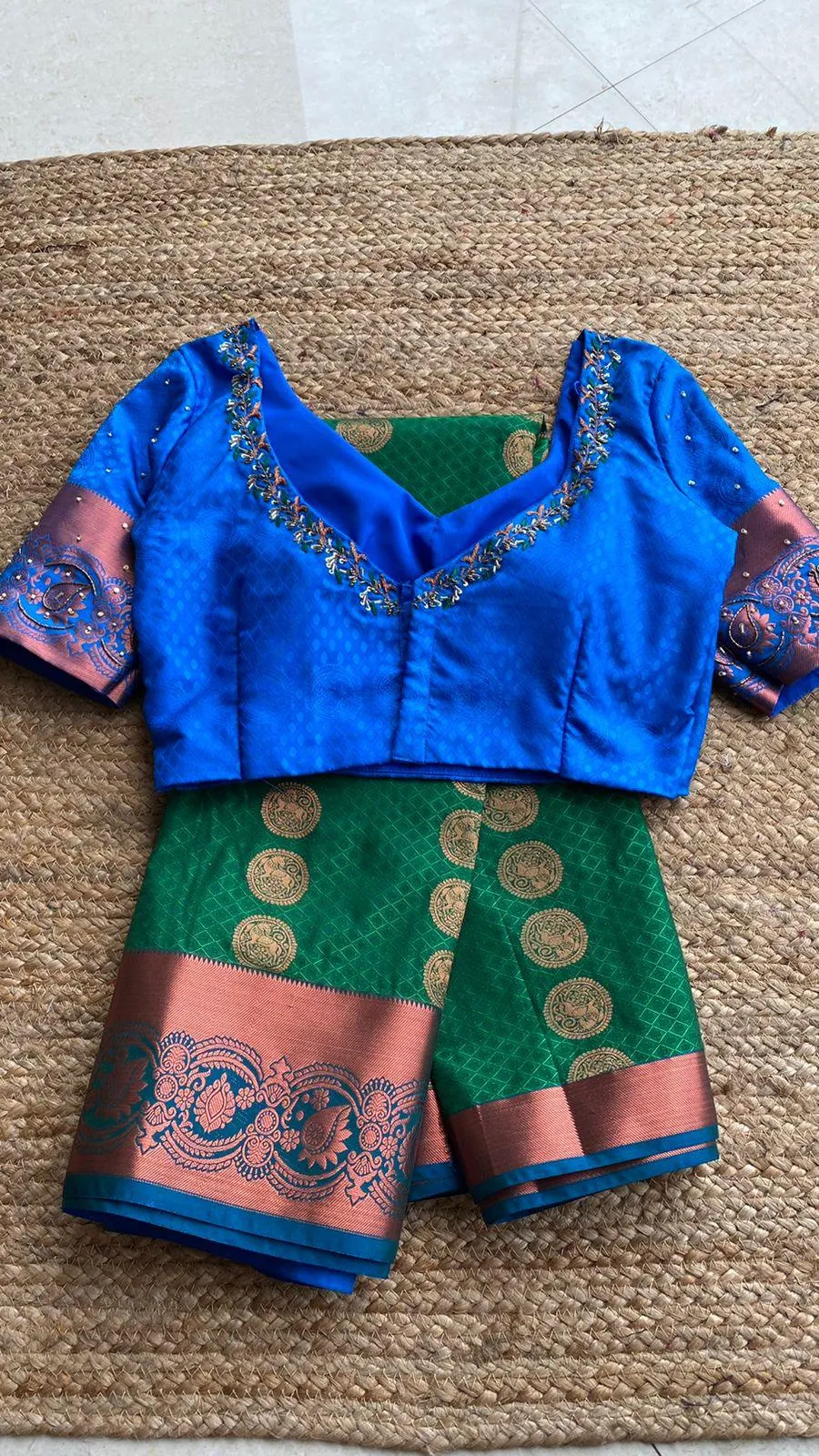 (Free full draping )Green and blue silk saree with hand worked blouse