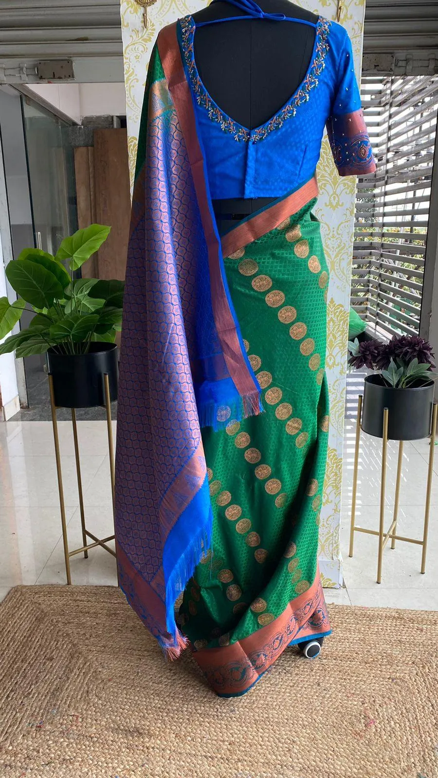 (Free full draping )Green and blue silk saree with hand worked blouse