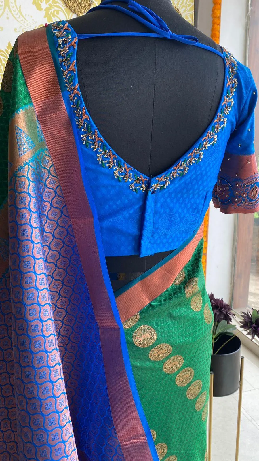 (Free full draping )Green and blue silk saree with hand worked blouse