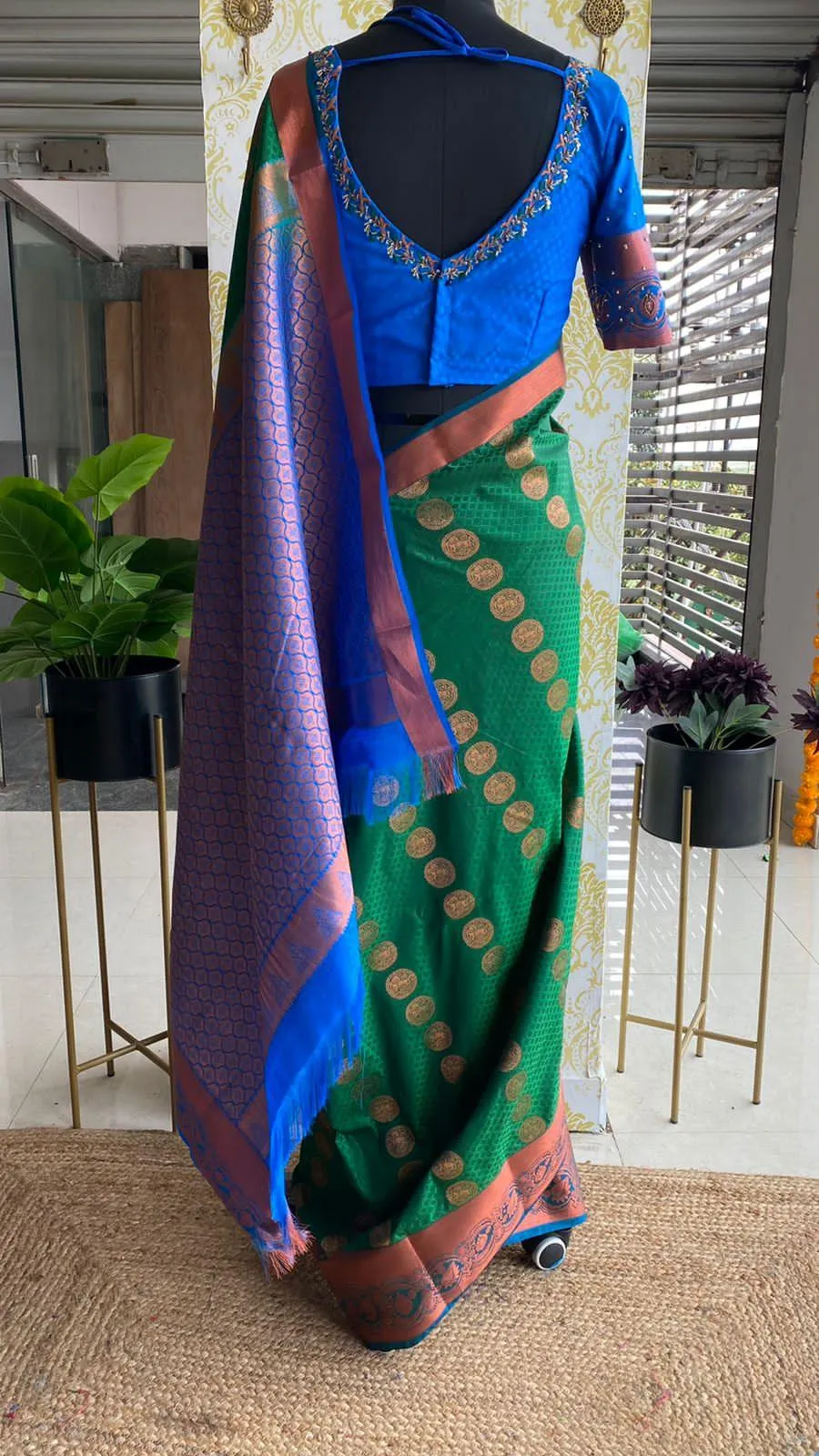 (Free full draping )Green and blue silk saree with hand worked blouse