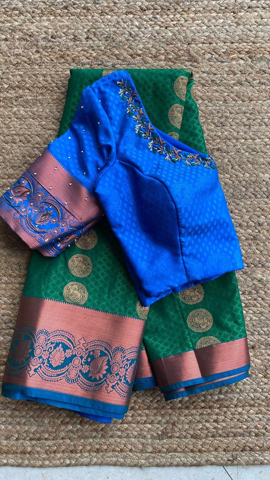 (Free full draping )Green and blue silk saree with hand worked blouse