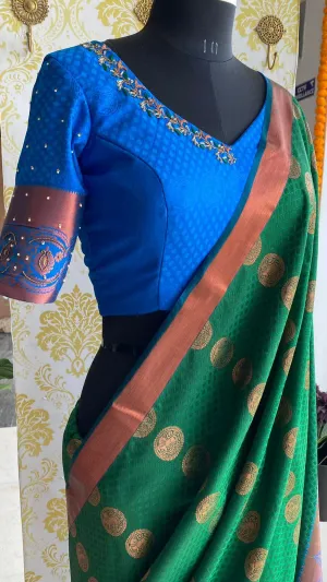 (Free full draping )Green and blue silk saree with hand worked blouse