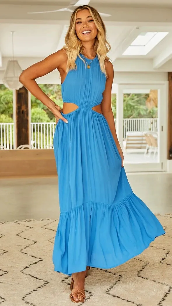 Fresh and Stylish Solid Color Midriff Outfit Halter Strap Dress